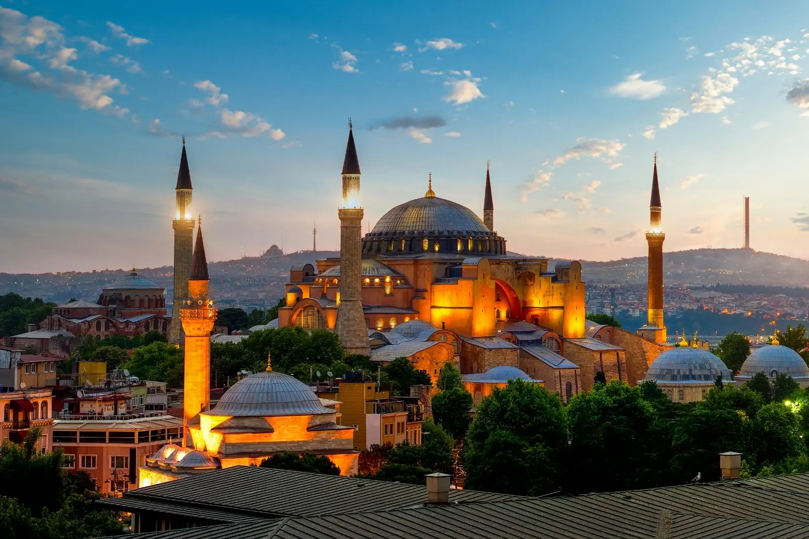 Hagia Sophia glowing at dusk, one minute from the hotel