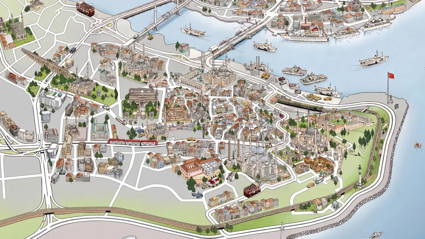 Illustrated map of Sultanahmet showing Lapis Inn at the centre, one minute from Hagia Sophia, near the Blue Mosque and Topkapı Palace, with the tram close by.